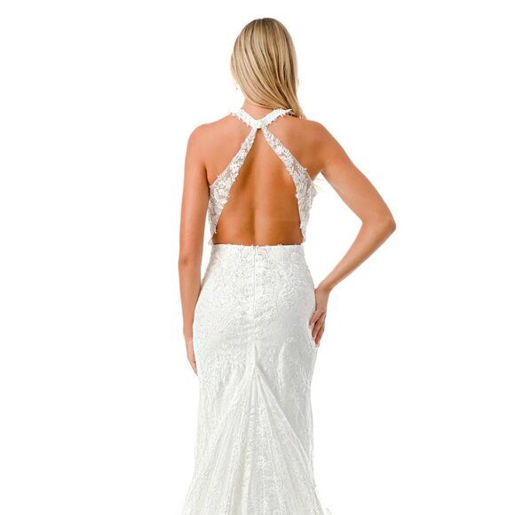 New Sheath Off White Long Wedding Gown w/ Halter Neck & Floral Lace TC MS0022 - Picture 6 of 8